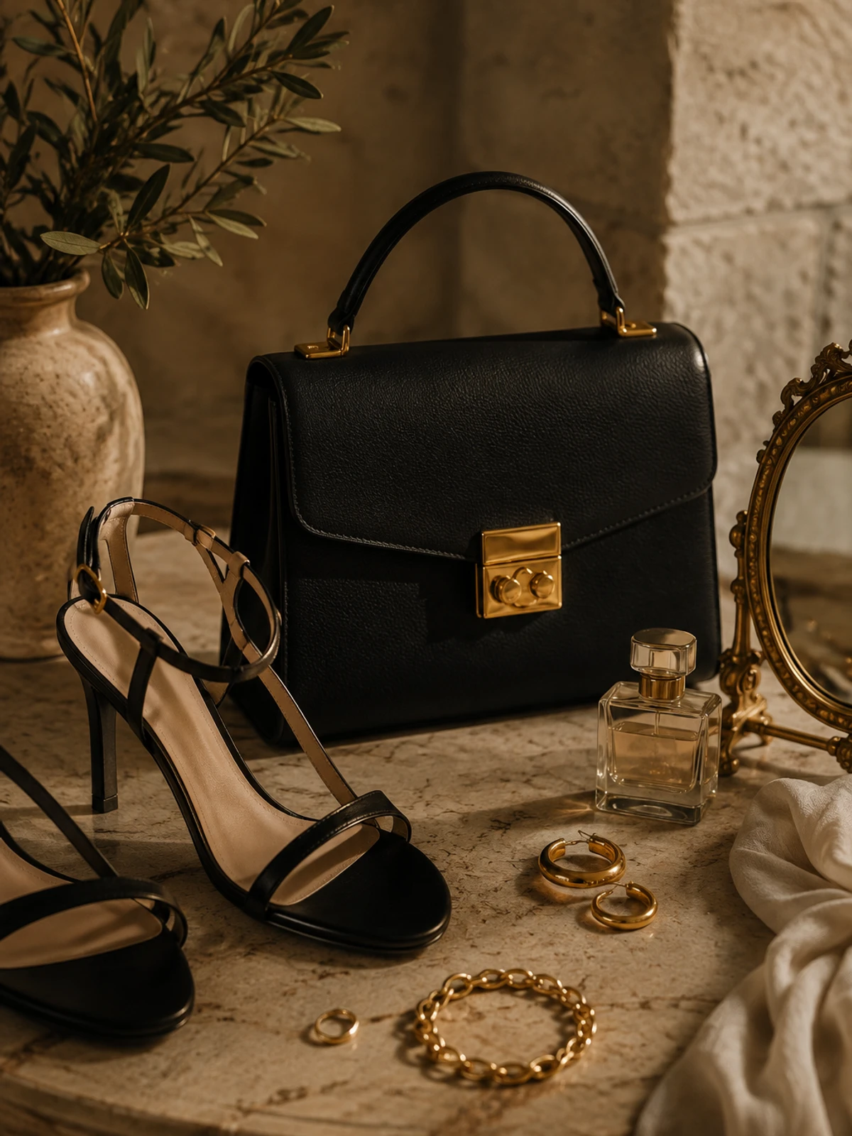 Campaña conceptual Revalia: bolso, tacones y joyería sobre una mesa de piedra