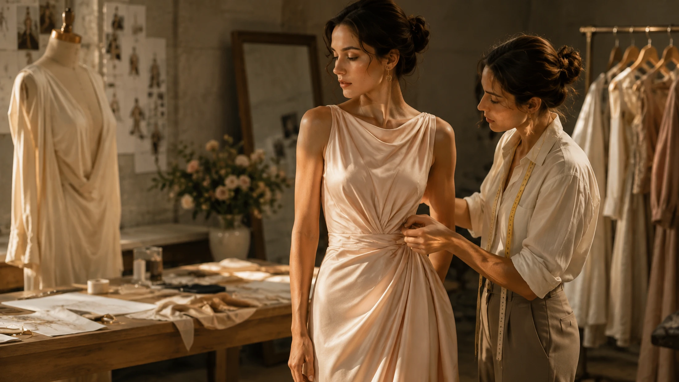 Campaña conceptual Revalia: ajustando un vestido sobre maniquí en el taller