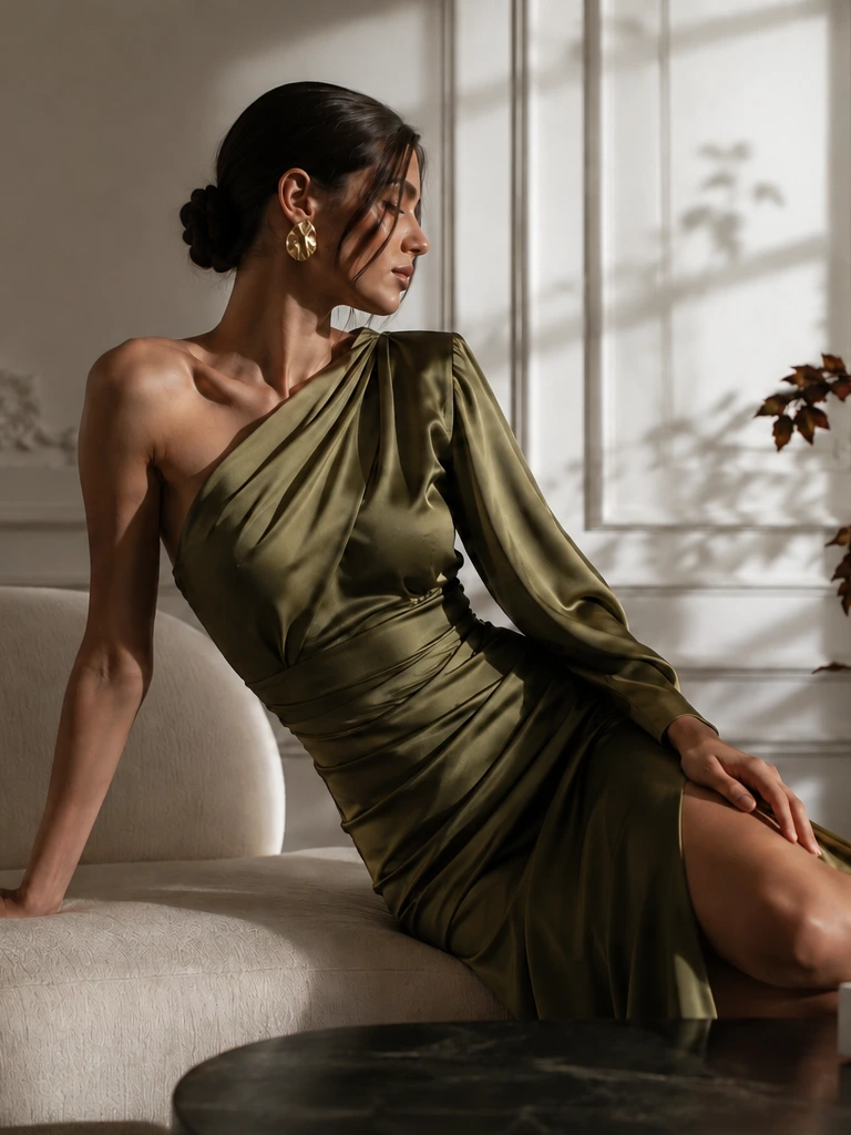 Campaña conceptual Revalia: modelo con vestido verde oliva satinado sentada en un sofá claro
