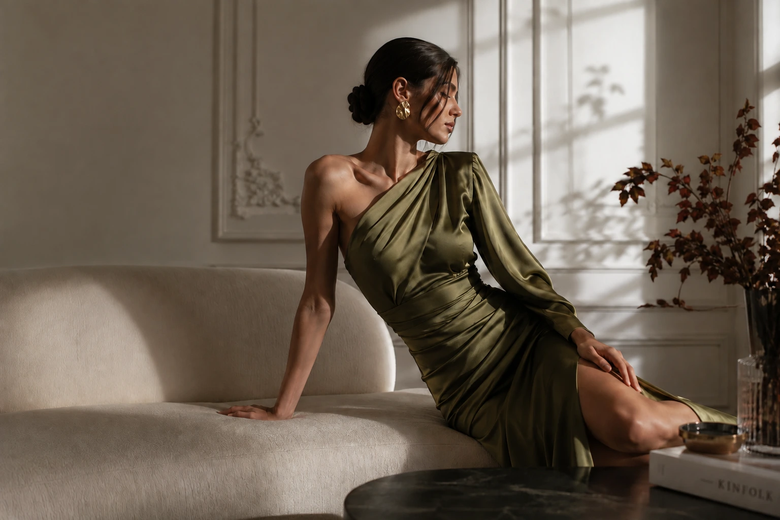 Campaña conceptual Revalia: retrato editorial con vestido burdeos